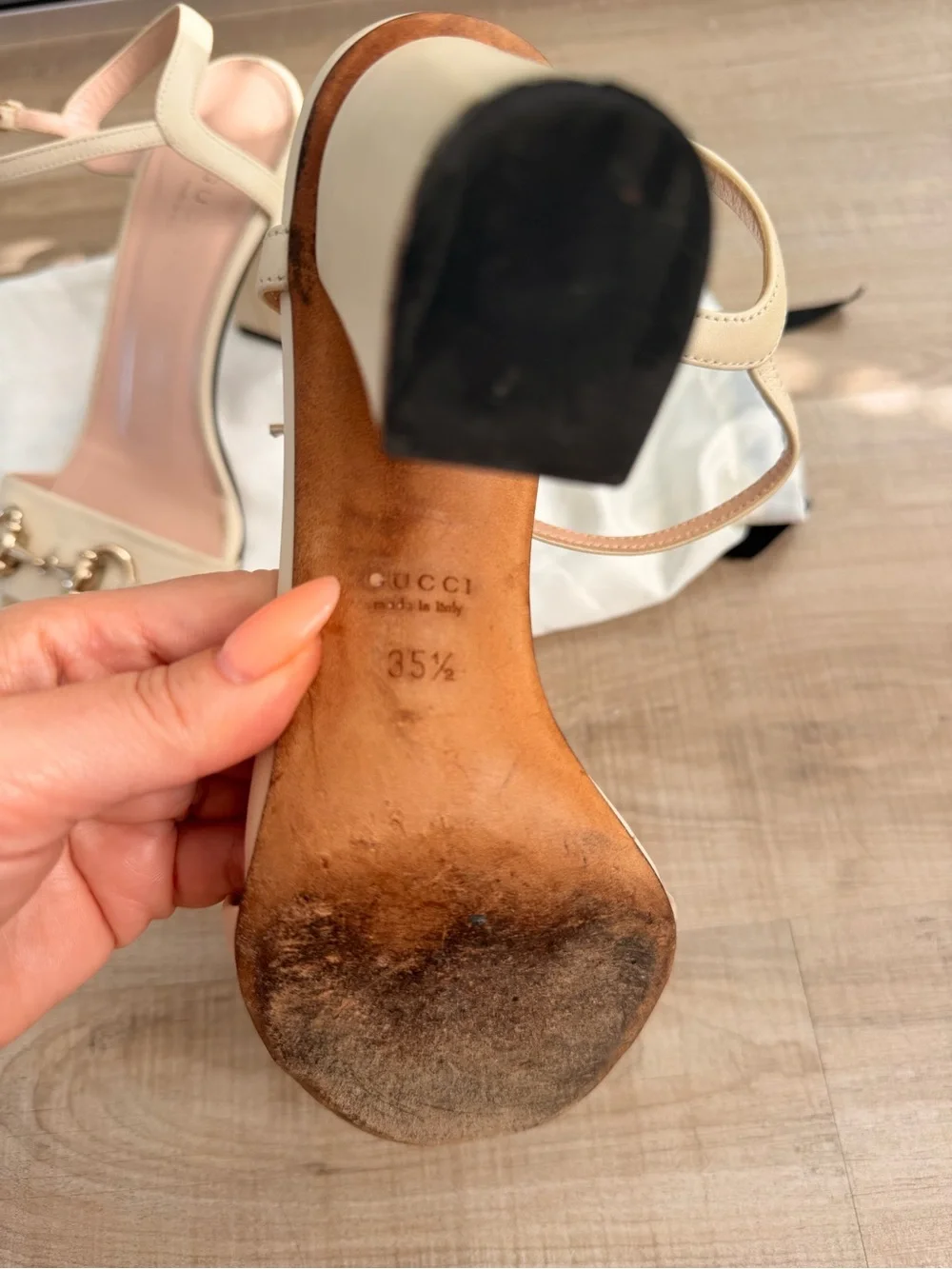 Gucci Cream Leather Horsebit Ankle-Strap Heels
